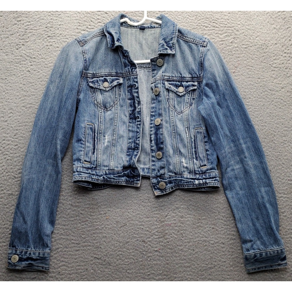 American Eagle Cropped Trucker Jacket Womens S Blue Denim Collared Button Front